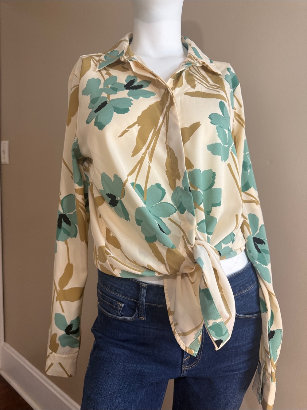 H&M Cream Blouse with Tan Brushstrokes and Teal Accents